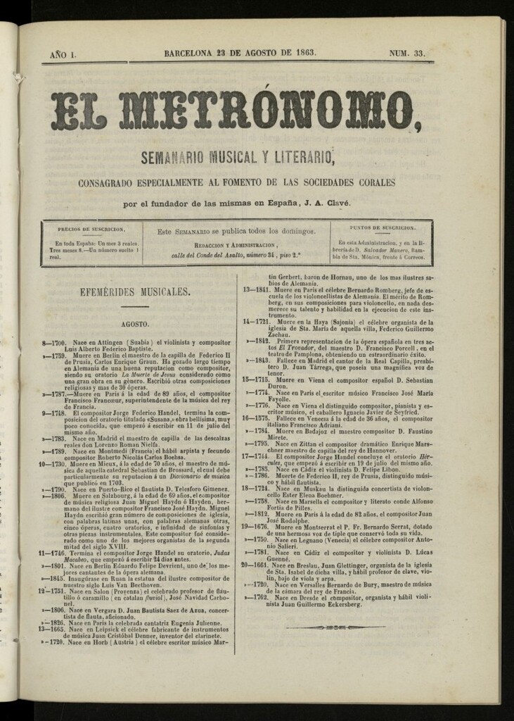 Miniatura de El metrónomo, de 23 de agosto de 1863, nº 33