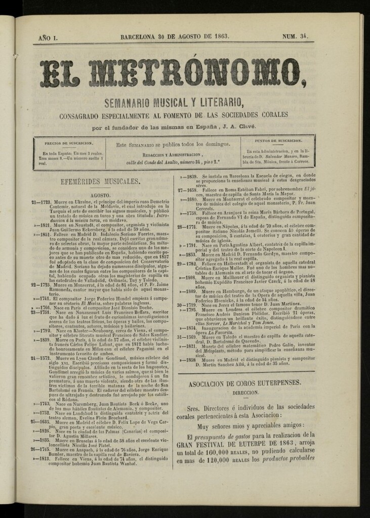 Miniatura de El metrónomo, de 30 de agosto de 1863, nº 34