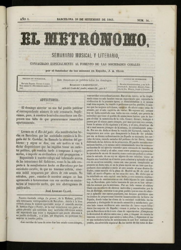 Miniatura de El metrónomo, de 20 de septiembre de 1863, nº 36