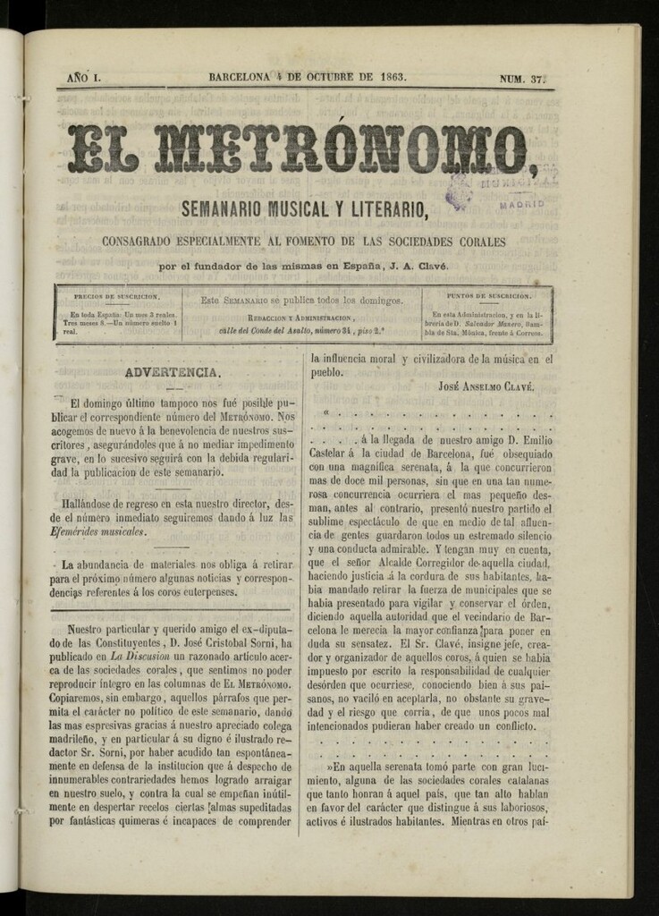 Miniatura de El metrónomo, de 4 de octubre de 1863, nº 37