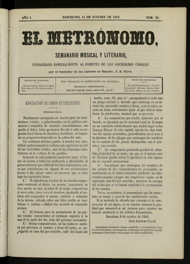 Miniatura de El metrónomo, de 11 de octubre de 1863, nº 38