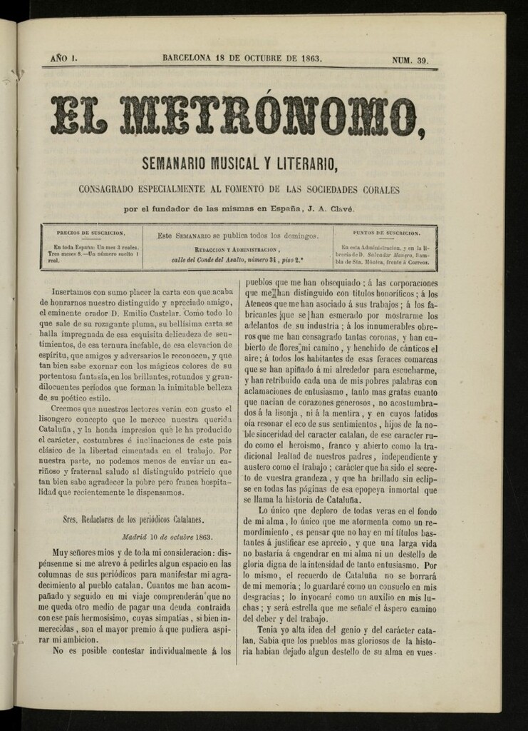 Miniatura de El metrónomo, de 18 de octubre de 1863, nº 39