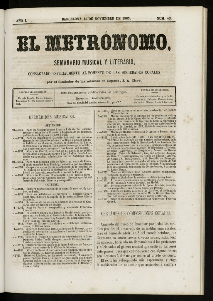 Miniatura de El metrónomo, de 15 de noviembre de 1863, nº 43