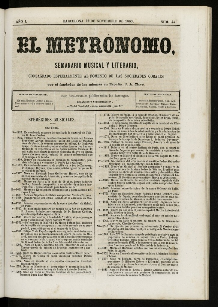 Miniatura de El metrónomo, de 22 de noviembre de 1863, nº 44