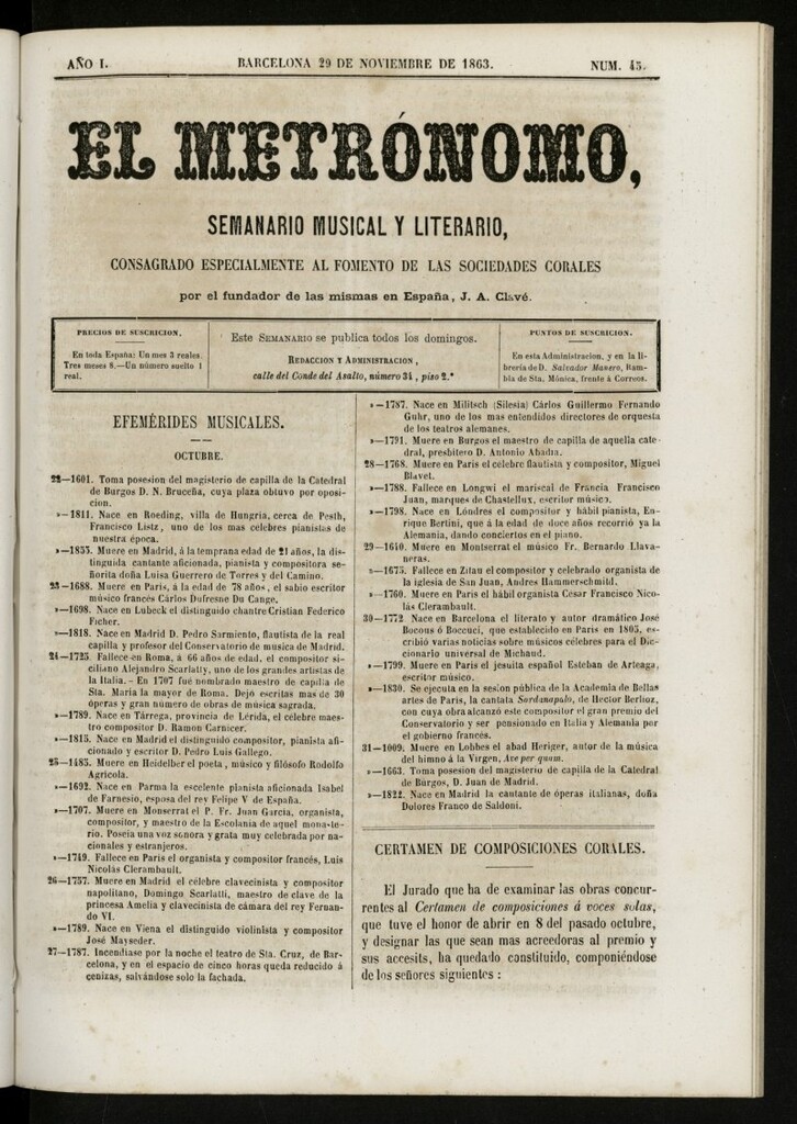 Miniatura de El metrónomo, de 29 de noviembre de 1863, nº 45