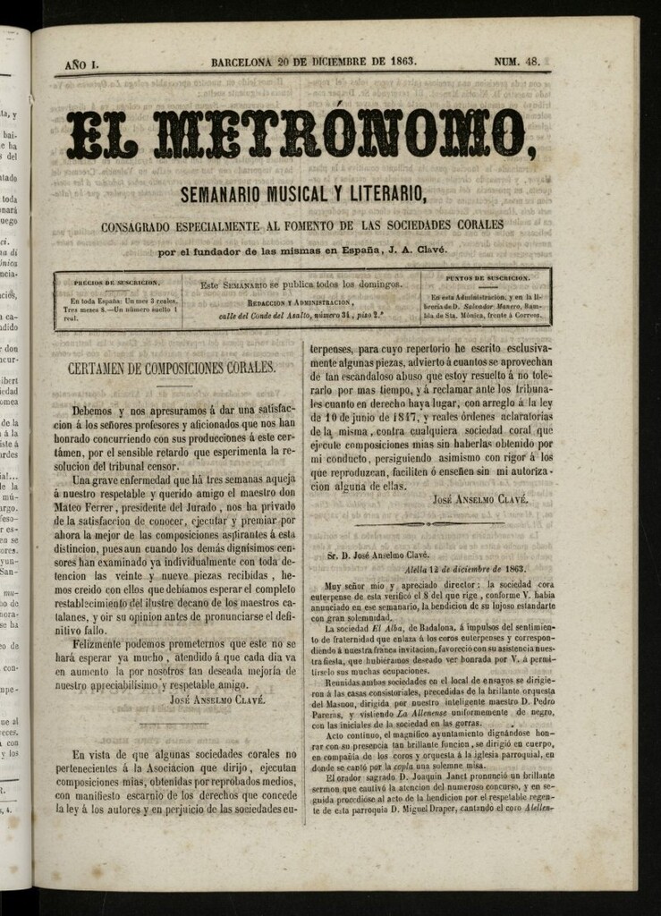 Miniatura de El metrónomo, de 20 de diciembre de 1863, nº 48
