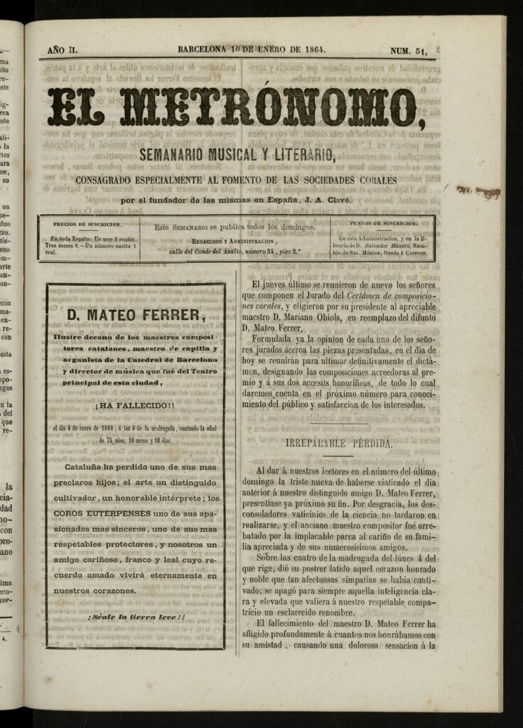 Miniatura de El metrónomo, de 10 de enero de 1864, nº 51