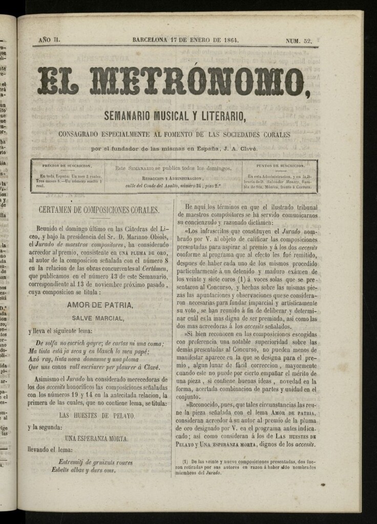 Miniatura de El metrónomo, de 17 de enero de 1864, nº 52