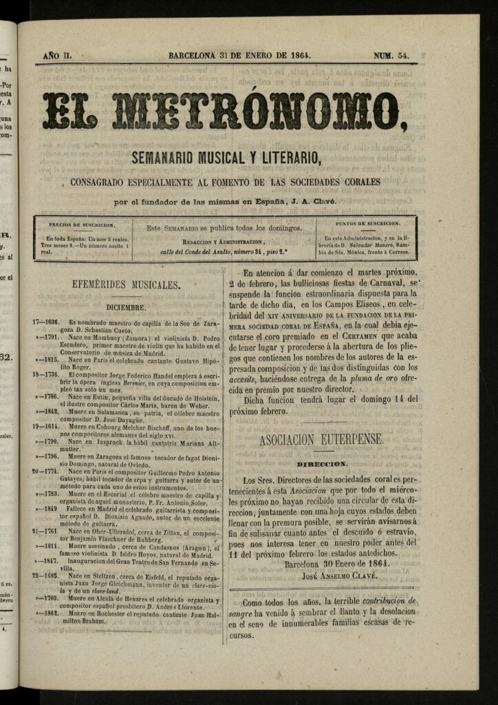 Miniatura de El metrónomo, de 31 de enero de 1864, nº 54