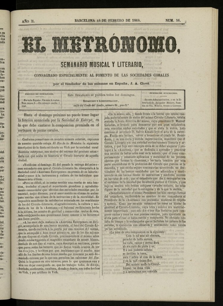 Miniatura de El metrónomo, de 14 de febrero de 1864, nº 56