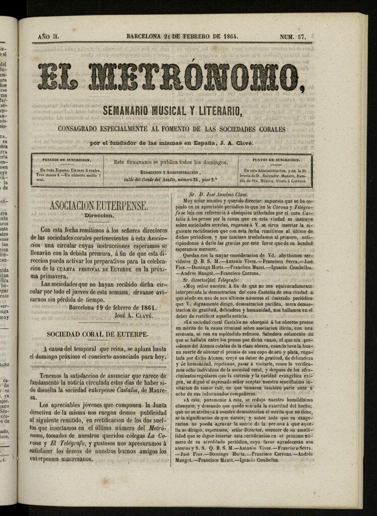 Miniatura de El metrónomo, de 21 de febrero de 1864, nº 57