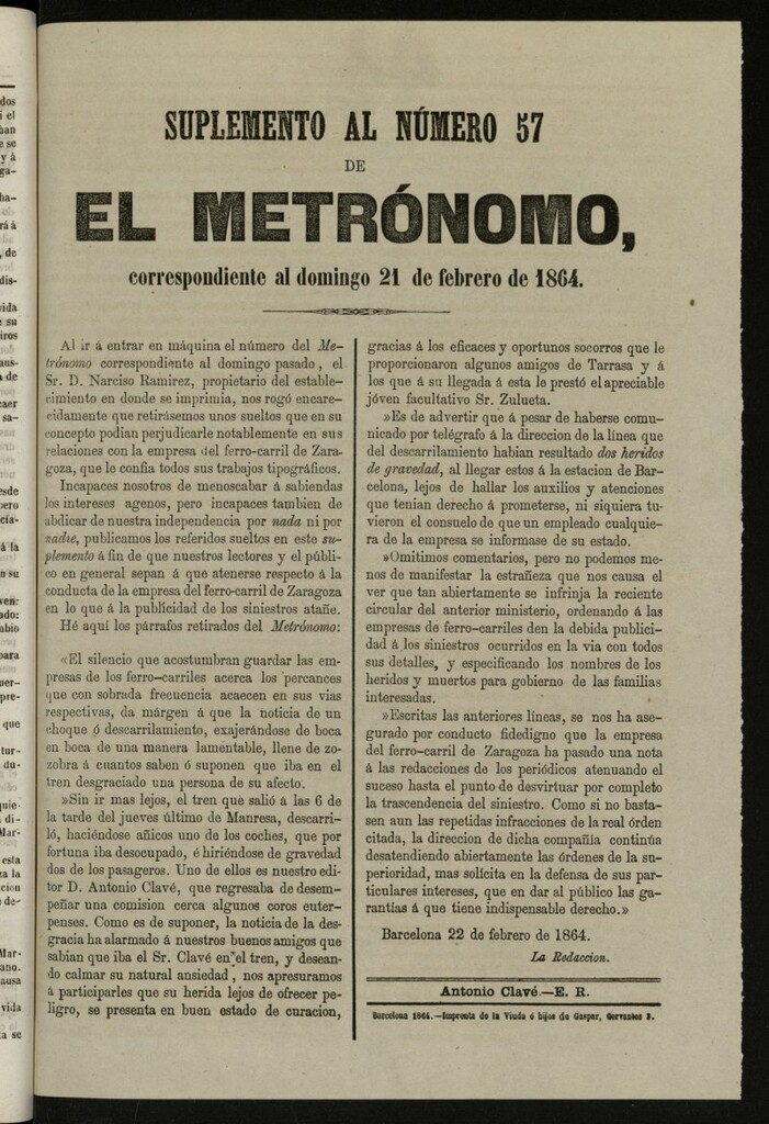 Miniatura de El metrónomo, de 21 de febrero de 1864, suplemento al nº 57