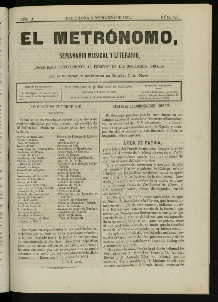 Miniatura de El metrónomo, de 6 de marzo de 1864, nº 59