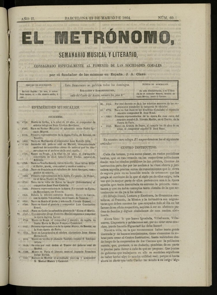 Miniatura de El metrónomo, de 13 de marzo de 1864, nº 60