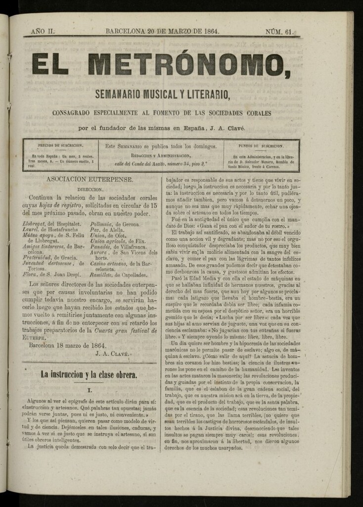 Miniatura de El metrónomo, de 20 de marzo de 1864, nº 61