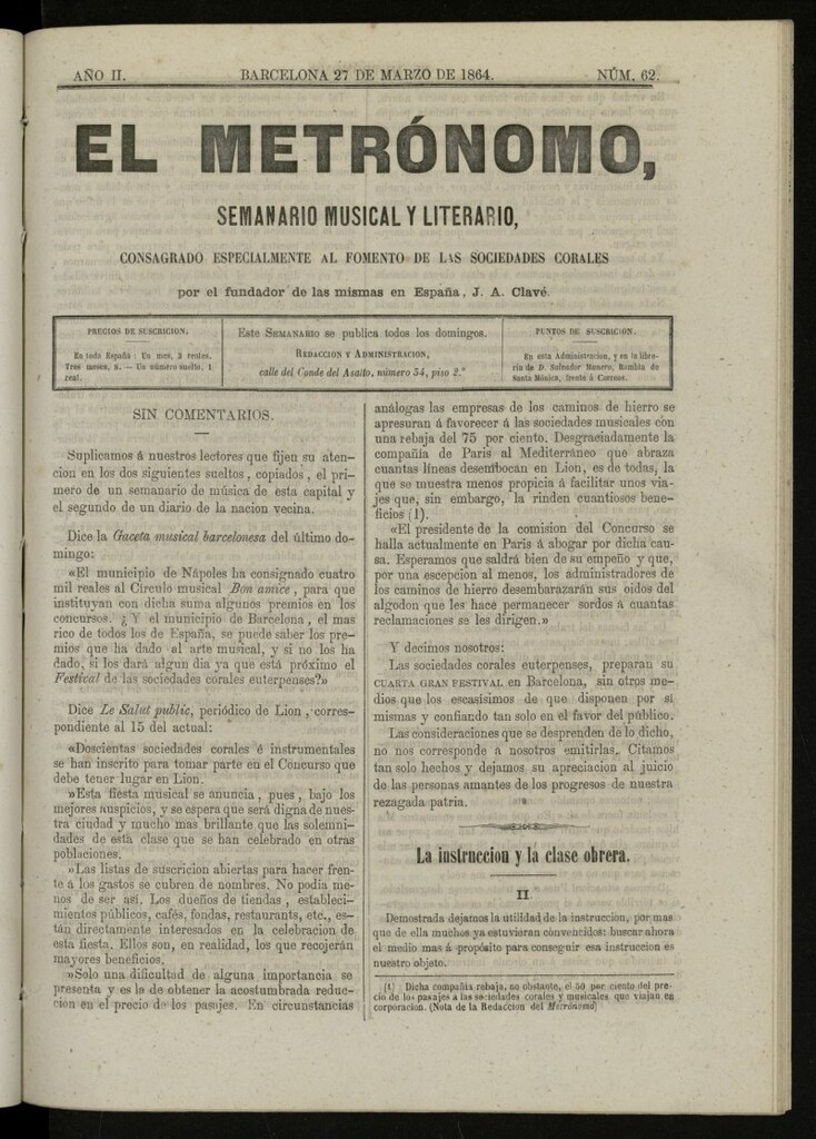 Miniatura de El metrónomo, de 27 de marzo de 1864, nº 62