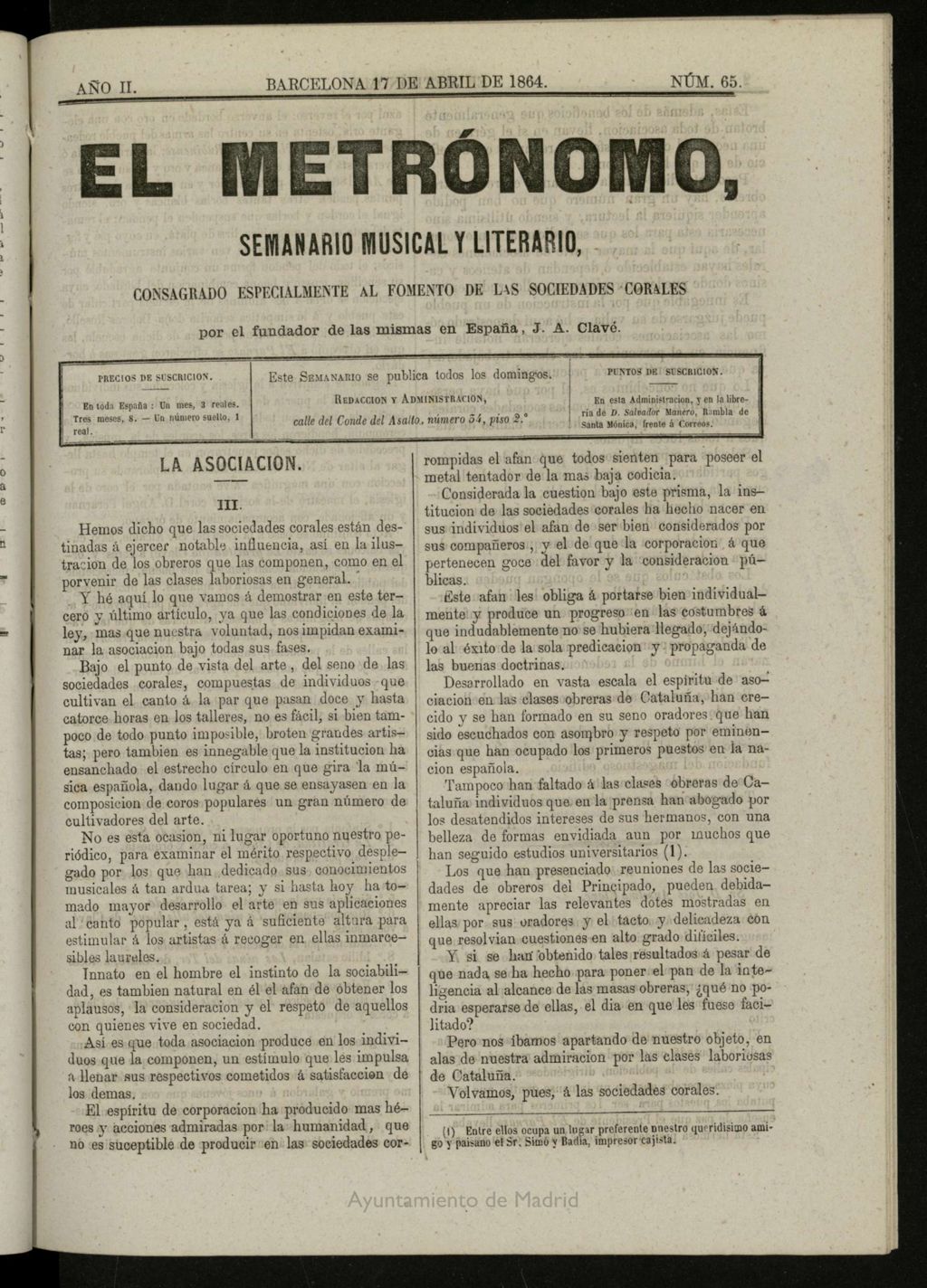 Miniatura de El metrónomo, de 17 de abril de 1864, nº 65