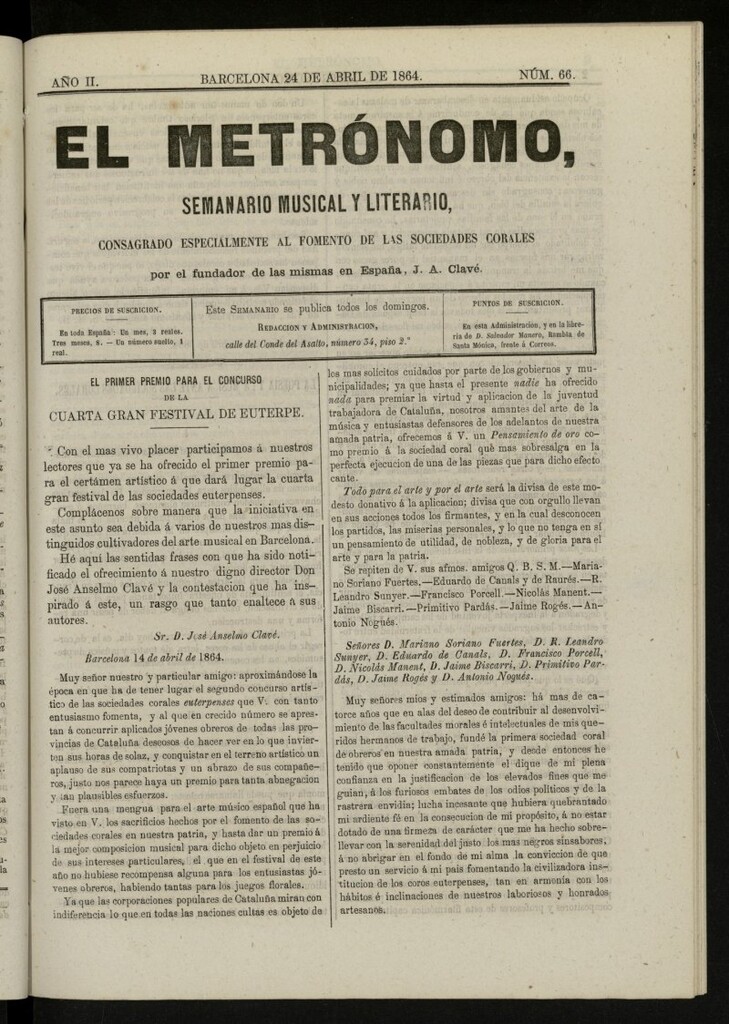 Miniatura de El metrónomo, de 24 de abril de 1864, nº 66