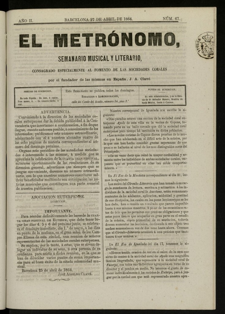 Miniatura de El metrónomo, de 27 de abril de 1864, nº 67