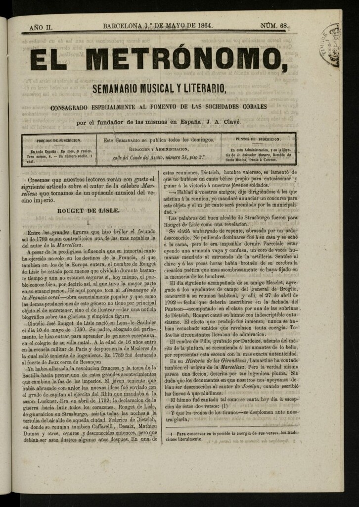 Miniatura de El metrónomo, de 1 de mayo de 1864, nº 68