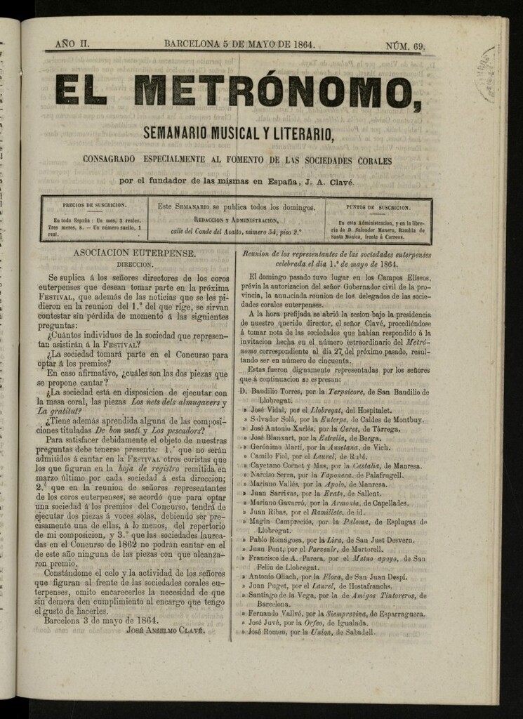 Miniatura de El metrónomo, de 5 de mayo de 1864, nº 69