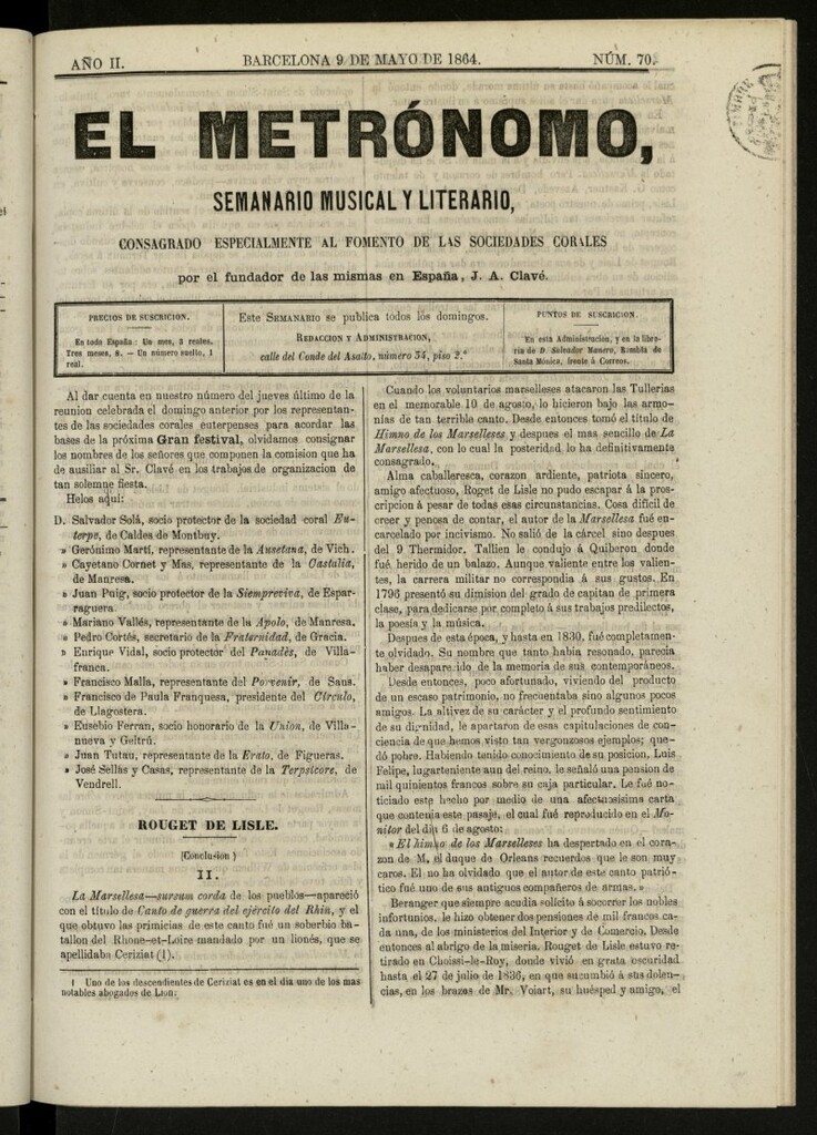 Miniatura de El metrónomo, de 9 de mayo de 1864, nº 70