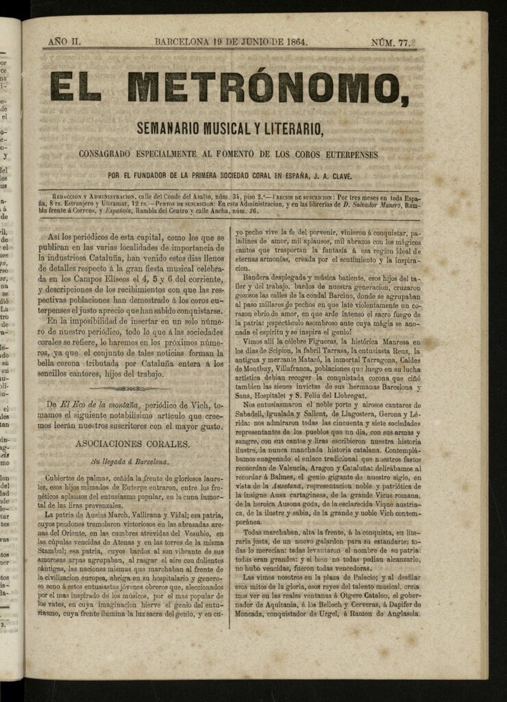 Miniatura de El metrónomo, de 19 de junio de 1864, nº 77