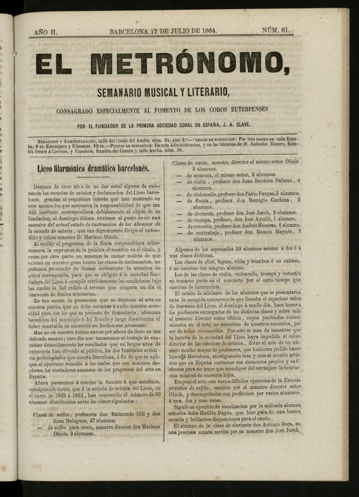 Miniatura de El metrónomo, de 17 de julio de 1864, nº 81