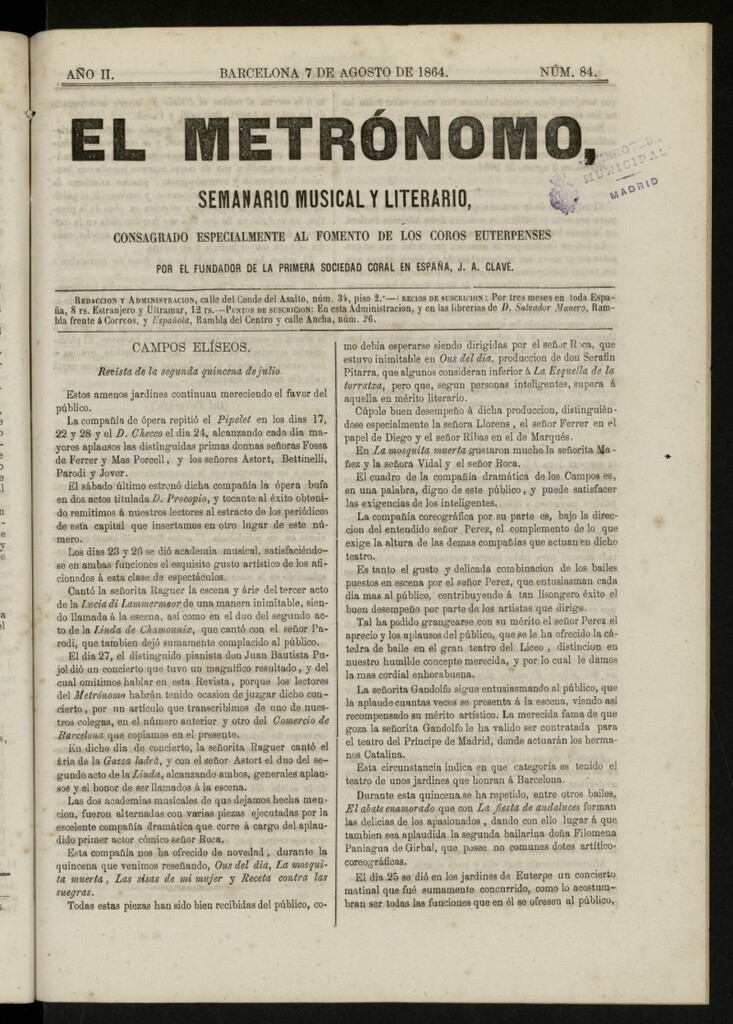 Miniatura de El metrónomo, de 7 de agosto de 1864, nº 84