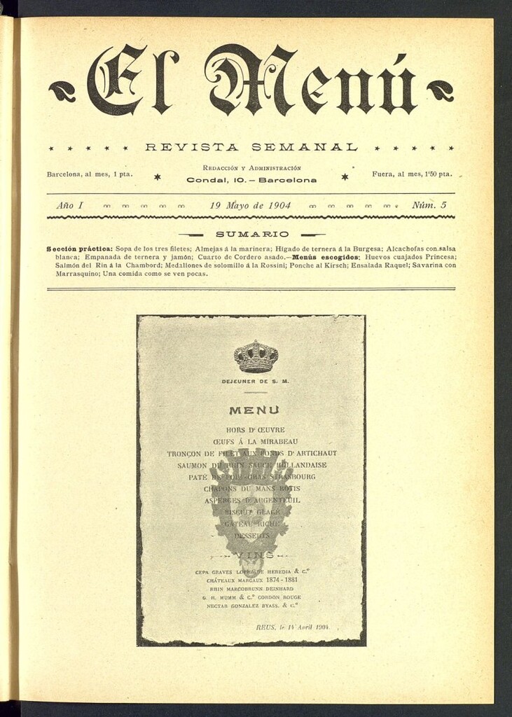 Miniatura de El Menú: revista semanal del 19 de mayo de 1904, nº 5