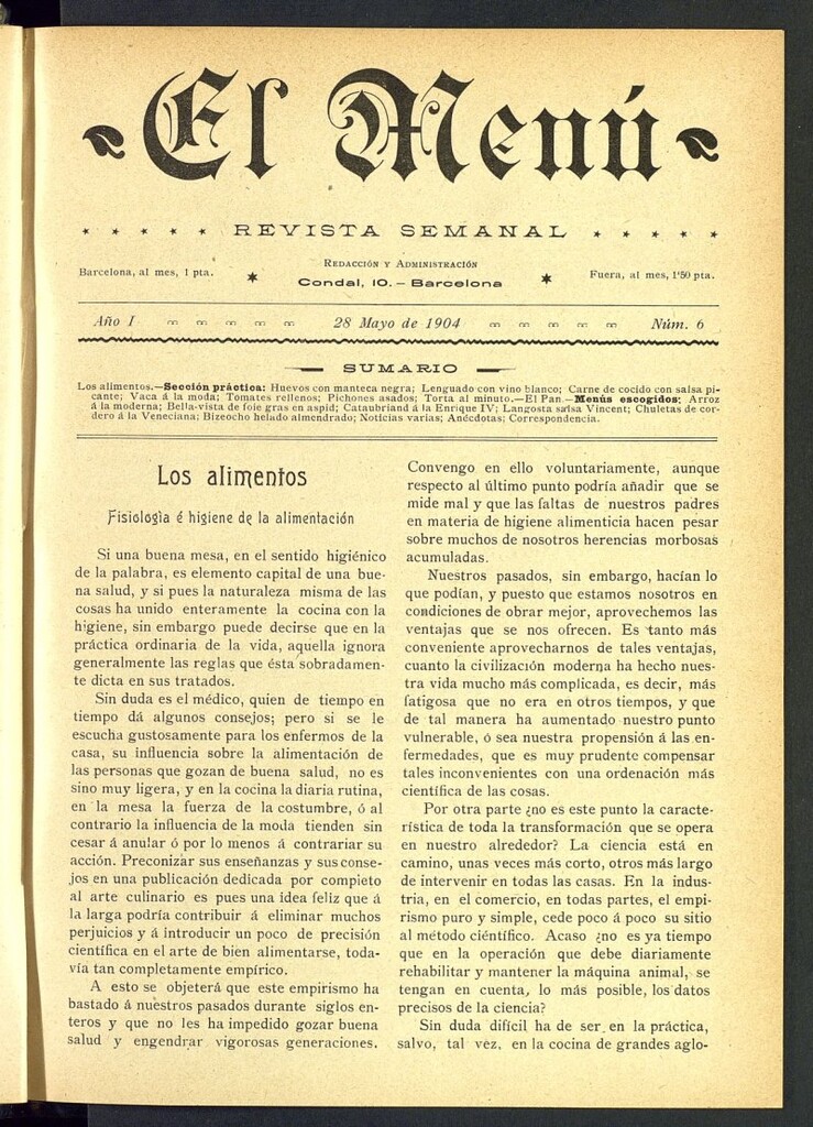 Miniatura de El Menú: revista semanal del 28 de mayo de 1904, nº 6