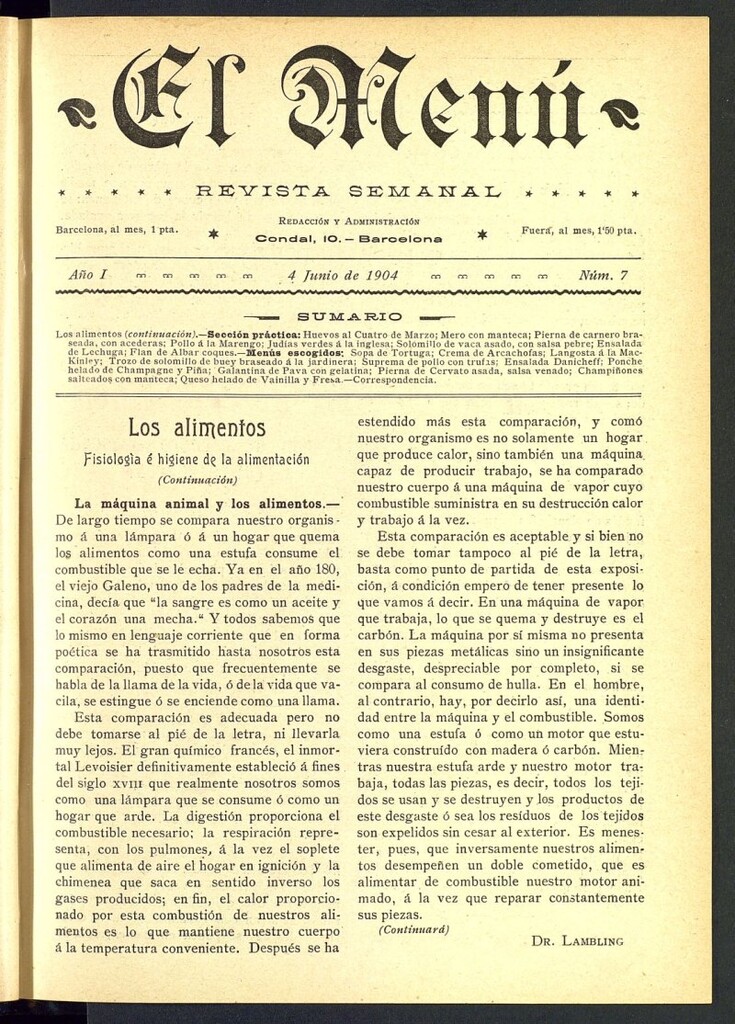 Miniatura de El Menú: revista semanal del 4 de junio de 1904, nº 7