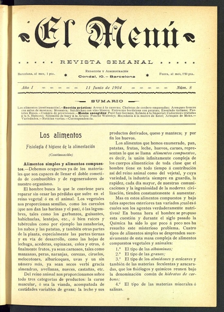 Miniatura de El Menú: revista semanal del 11 de junio de 1904, nº 8