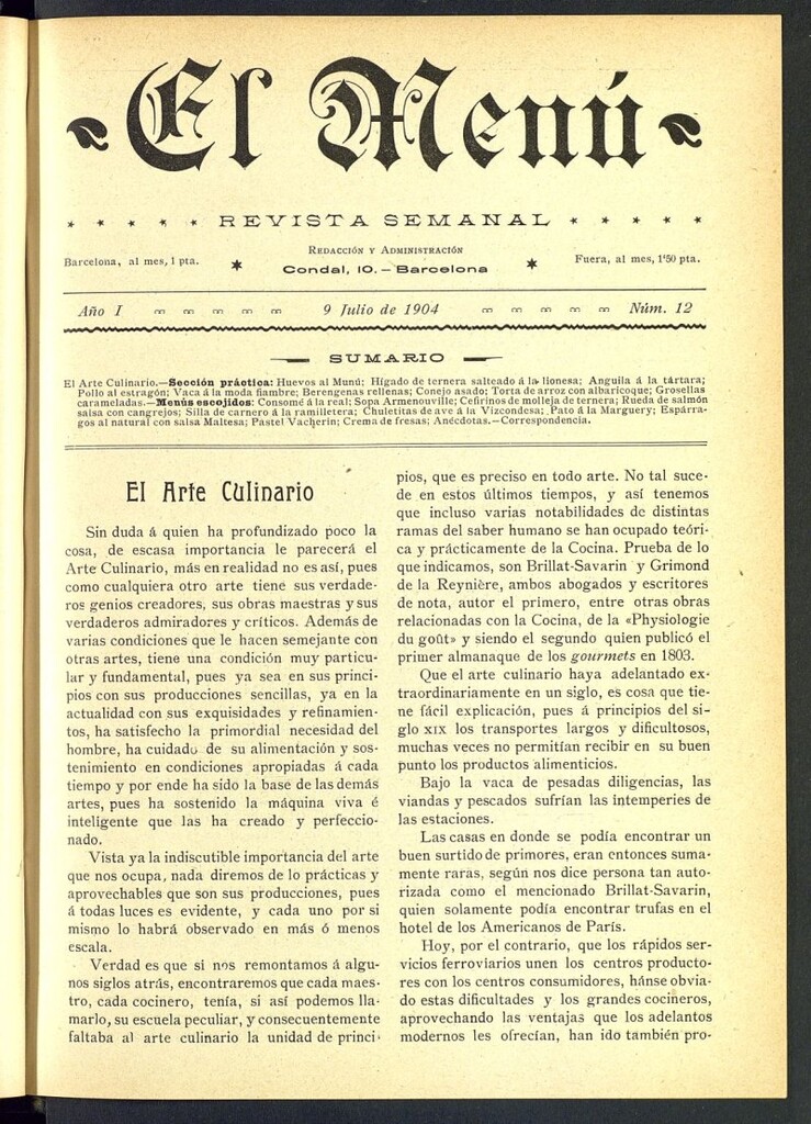 Miniatura de El Menú: revista semanal del 9 de julio de 1904, nº 12