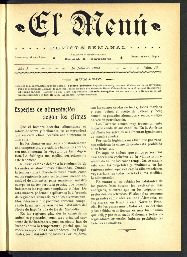 Miniatura de El Menú: revista semanal del 16 de julio de 1904, nº 13