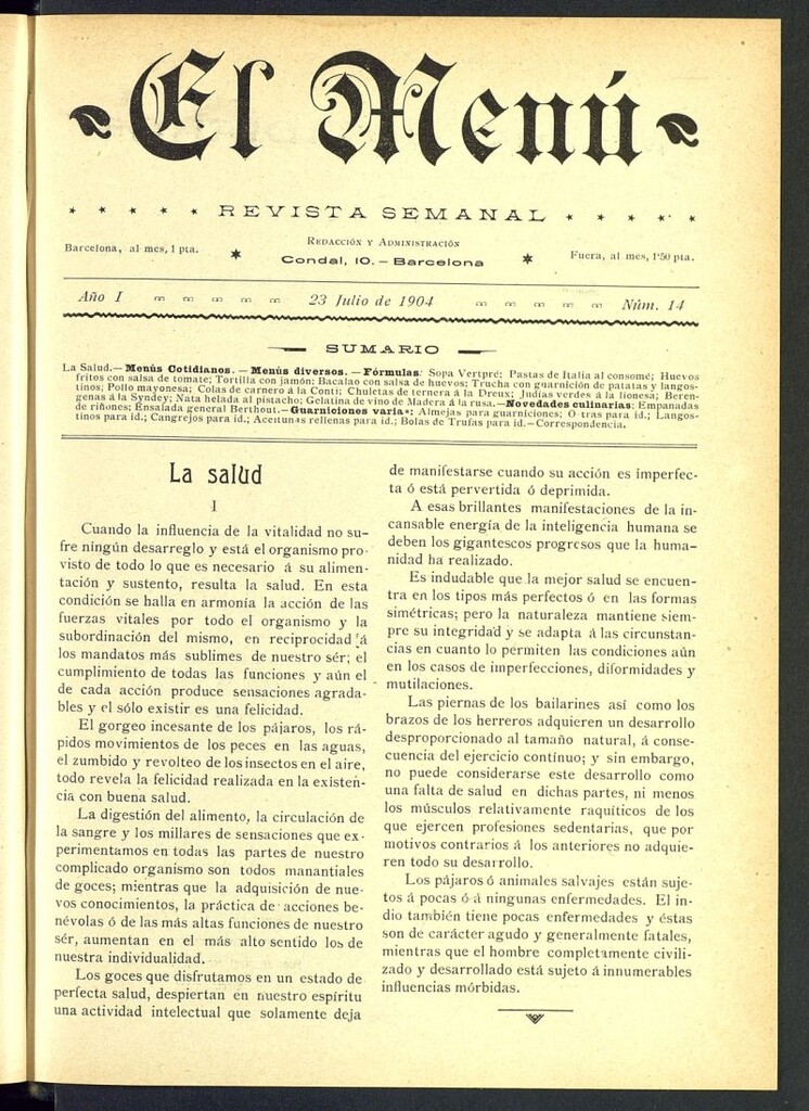 Miniatura de El Menú: revista semanal del 23 de julio de 1904, nº 14