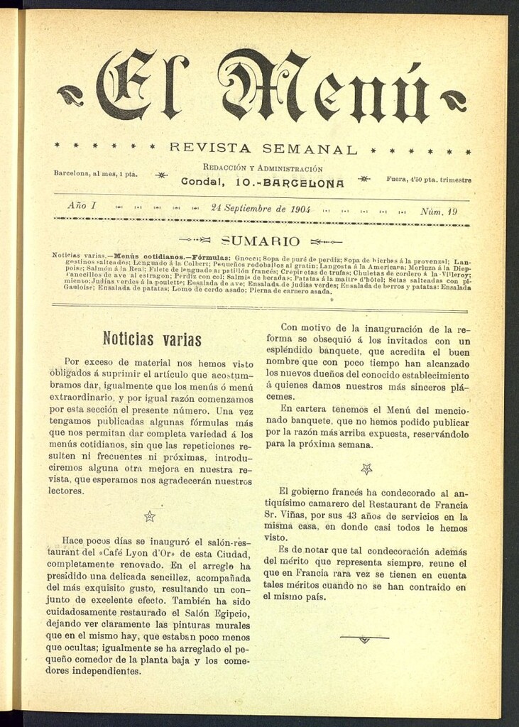 Miniatura de El Menú: revista semanal del 24 de septiembre de 1904, nº 19