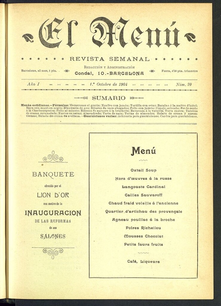 Miniatura de El Menú: revista semanal del 1 de octubre de 1904, nº 20