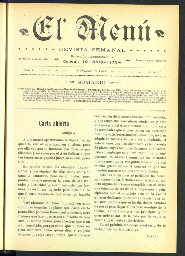 Miniatura de El Menú: revista semanal del 8 de octubre de 1904, nº 21