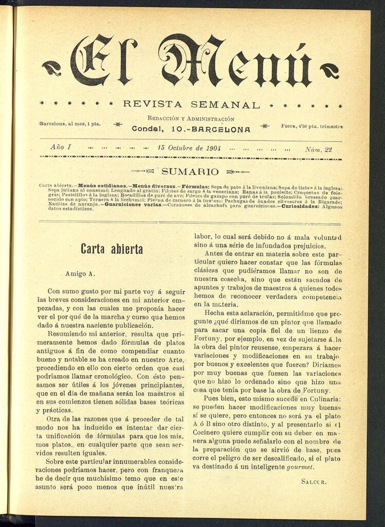 Miniatura de El Menú: revista semanal del 15 de octubre de 1904, nº 22