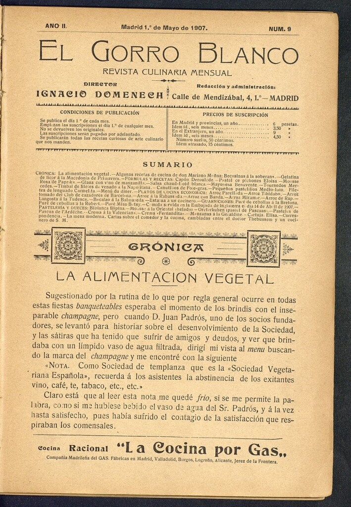 Miniatura de El gorro blanco: revista culinaria mensual del 1 de mayo de 1907, nº 9