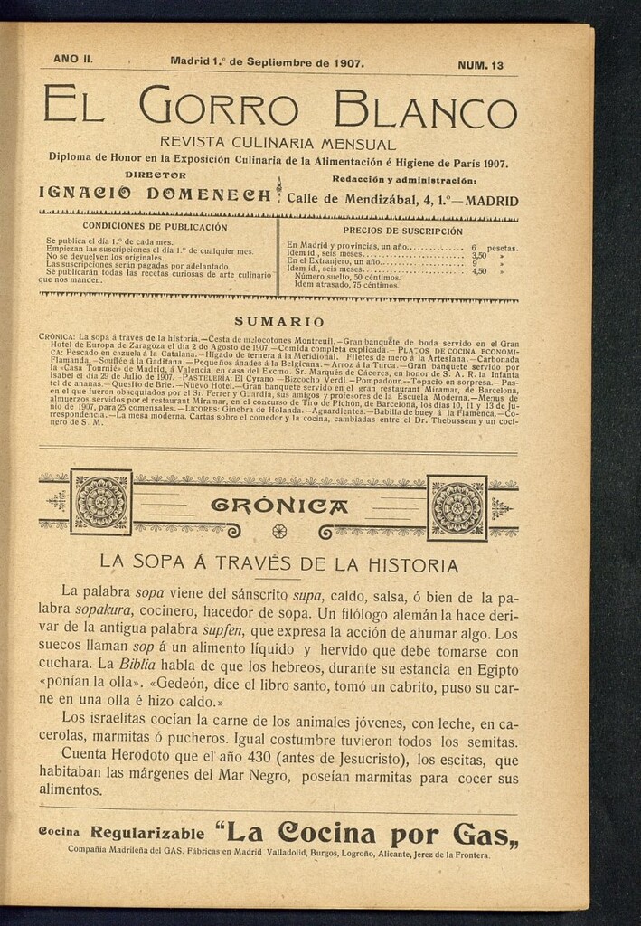 Miniatura de El gorro blanco: revista culinaria mensual del 1 de septiembre de 1907, nº 13