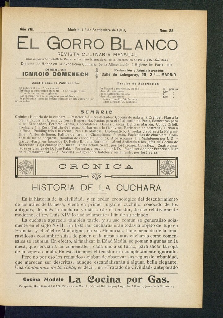 Miniatura de El gorro blanco: revista culinaria mensual del 1 de septiembre de 1913, nº 85