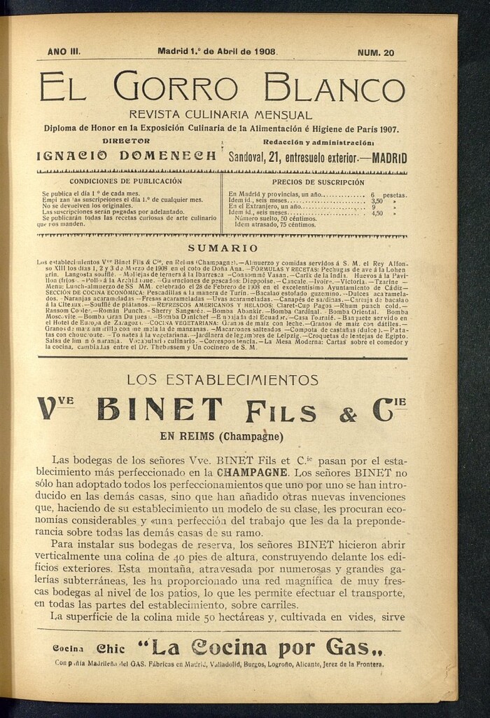 Miniatura de El gorro blanco: revista culinaria mensual del 1 de abril de 1908, nº 20