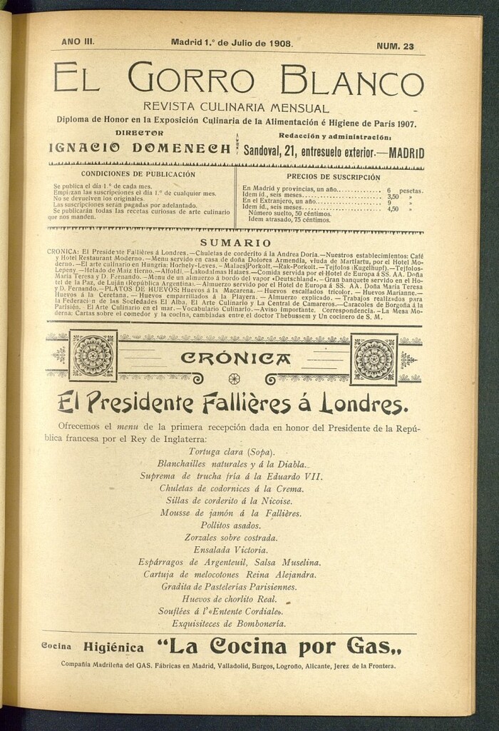 Miniatura de El gorro blanco: revista culinaria mensual del 1 de julio de 1908, nº 23