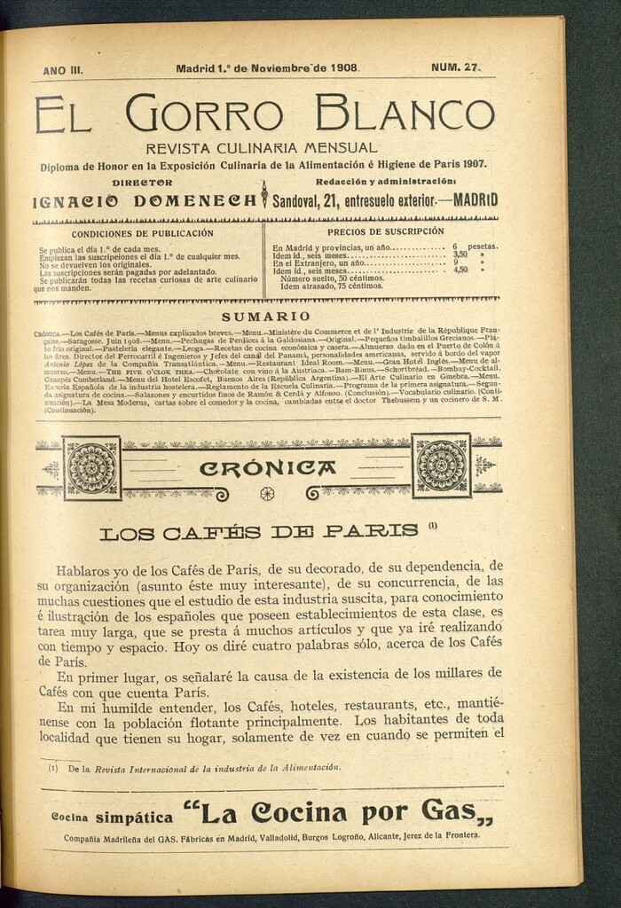 Miniatura de El gorro blanco: revista culinaria mensual del 1 de noviembre de 1908, nº 27
