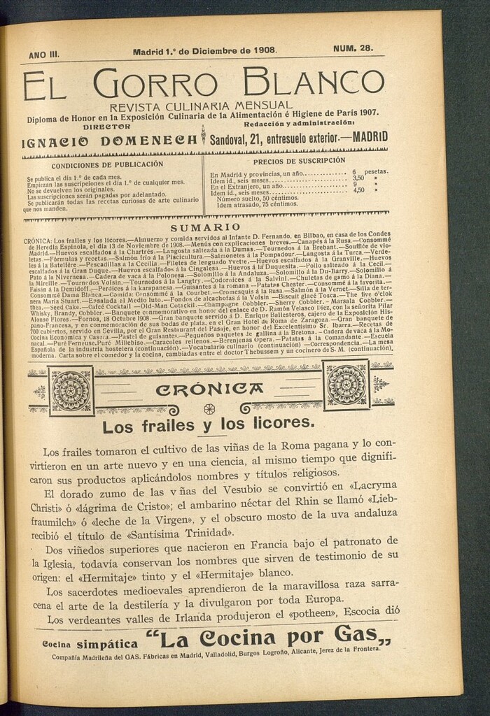 Miniatura de El gorro blanco: revista culinaria mensual del 1 de diciembre de 1908, nº 28