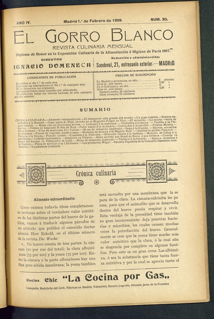 Miniatura de El gorro blanco: revista culinaria mensual del 1 de febrero de 1909, nº 30