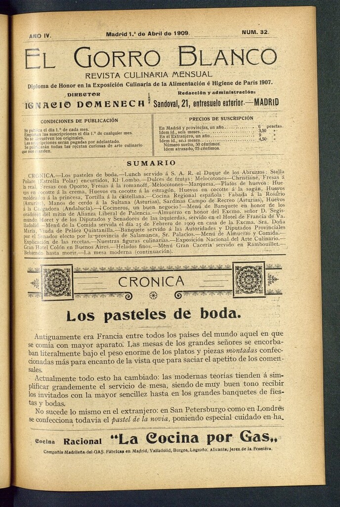 Miniatura de El gorro blanco: revista culinaria mensual del 1 de abril de 1909, nº 32