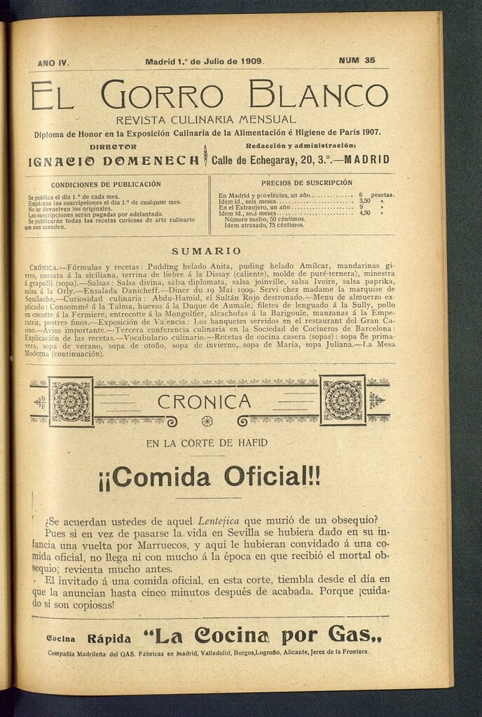 Miniatura de El gorro blanco: revista culinaria mensual del 1 de julio de 1909, nº 35